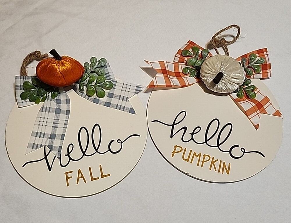 Set of 2 Fall Hanging Signs Pumpkins Ribbon Hello Fall Hello Pumpkin 8" Diameter